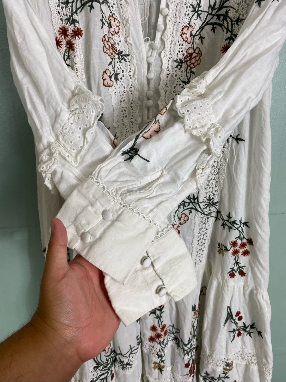 Anthropologie Long-Sleeve V-Neck Eyelet Midi Dress XL White Floral - Picture 9 of 10